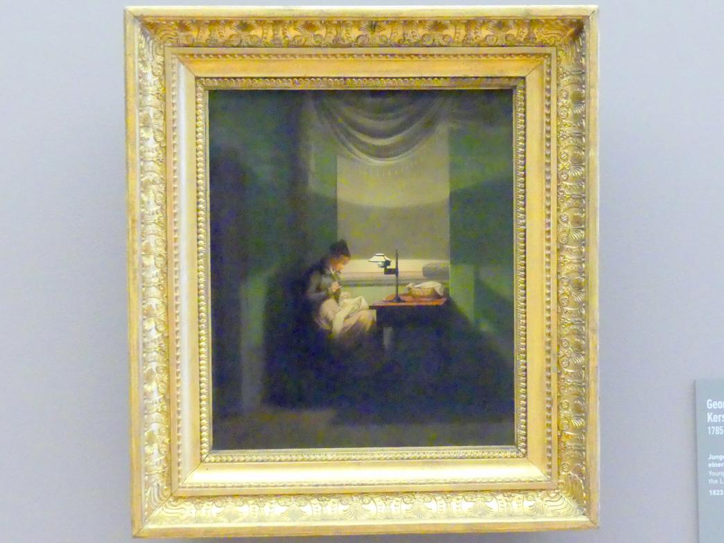 Georg Friedrich Kersting (1811–1835), Junge Frau, beim Schein einer Lampe nähend, München, Neue Pinakothek in der Alten Pinakothek, Saal IIa, 1823