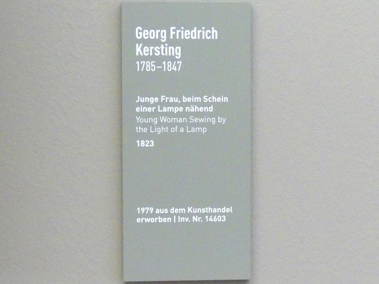 Georg Friedrich Kersting: Junge Frau, beim Schein einer Lampe nähend, 1823, Bild 2/2