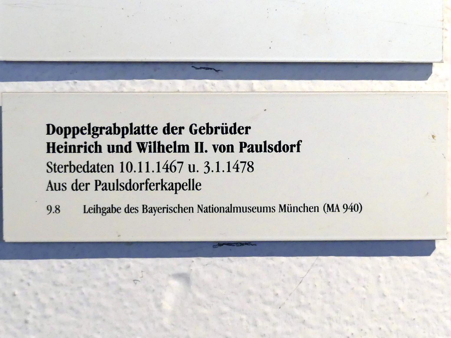 Doppelgrabplatte der Gebrüder Heinrich und Wilhelm II. von Paulsdorf, Regensburg, ehem. Franziskanerkloster St. Salvator, heute Museum, jetzt Regensburg, Historisches Museum, 2. Hälfte 15. Jhd., Bild 2/2