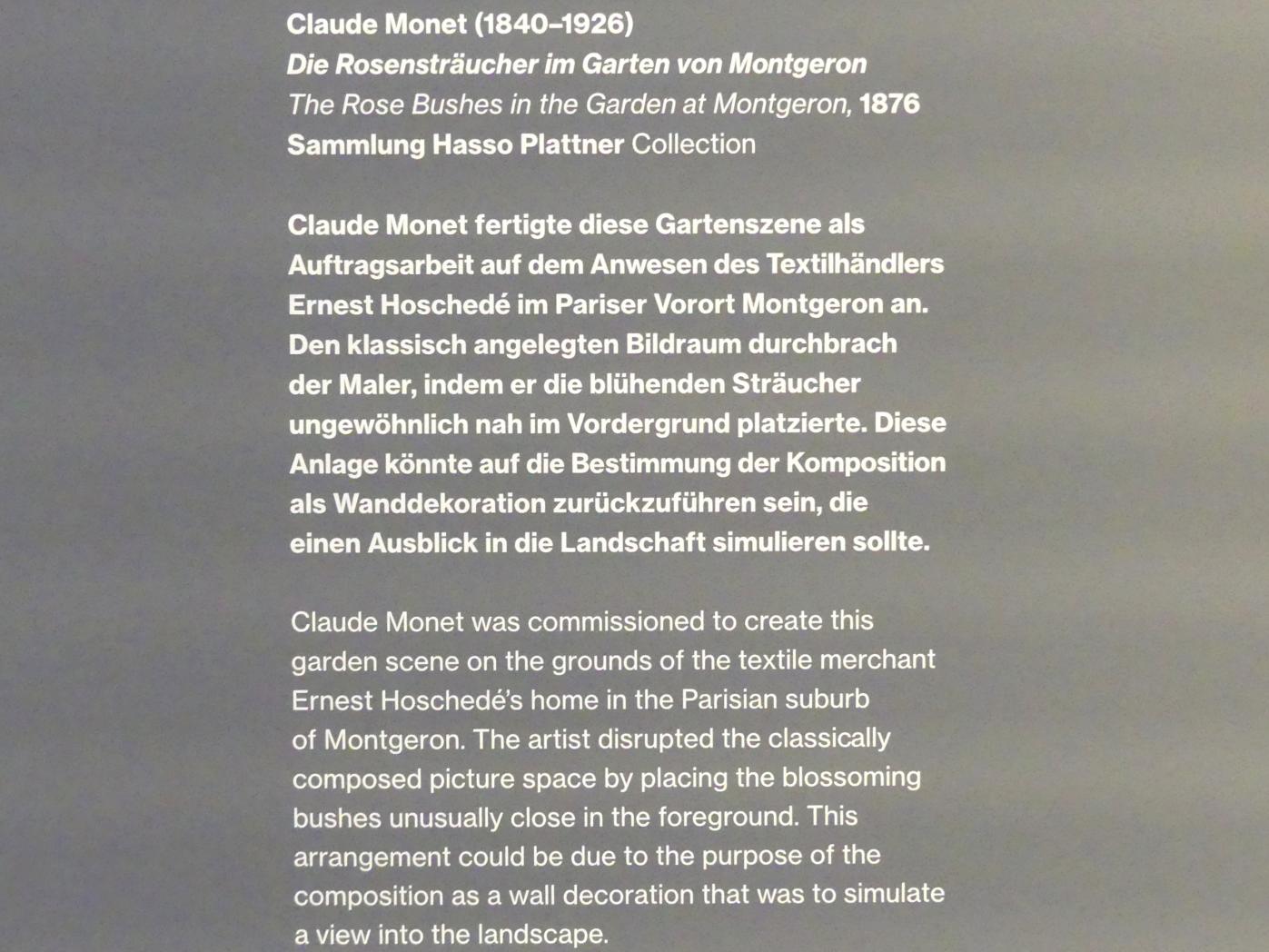 Claude Monet (1864–1925), Die Rosensträucher im Garten von Montgeron, Potsdam, Museum Barberini, Saal B4, 1876, Bild 2/2