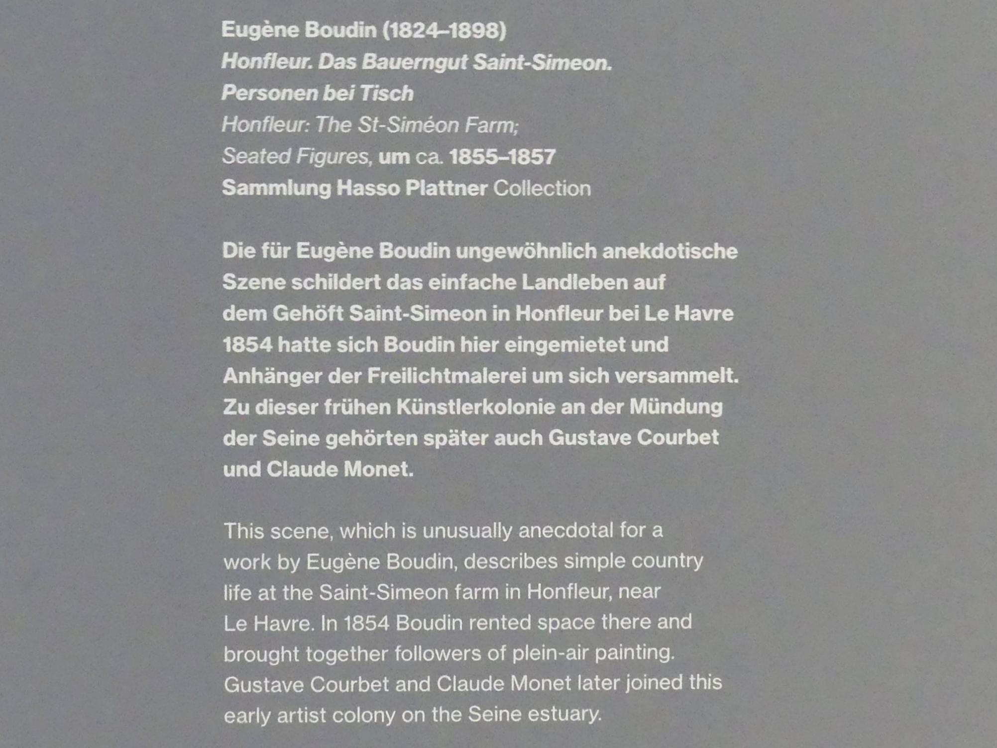 Eugène Boudin (1856–1895), Honfleur. Das Bauerngut Saint-Simenon. Personen bei Tisch, Potsdam, Museum Barberini, Saal B8, um 1855–1857, Bild 2/2