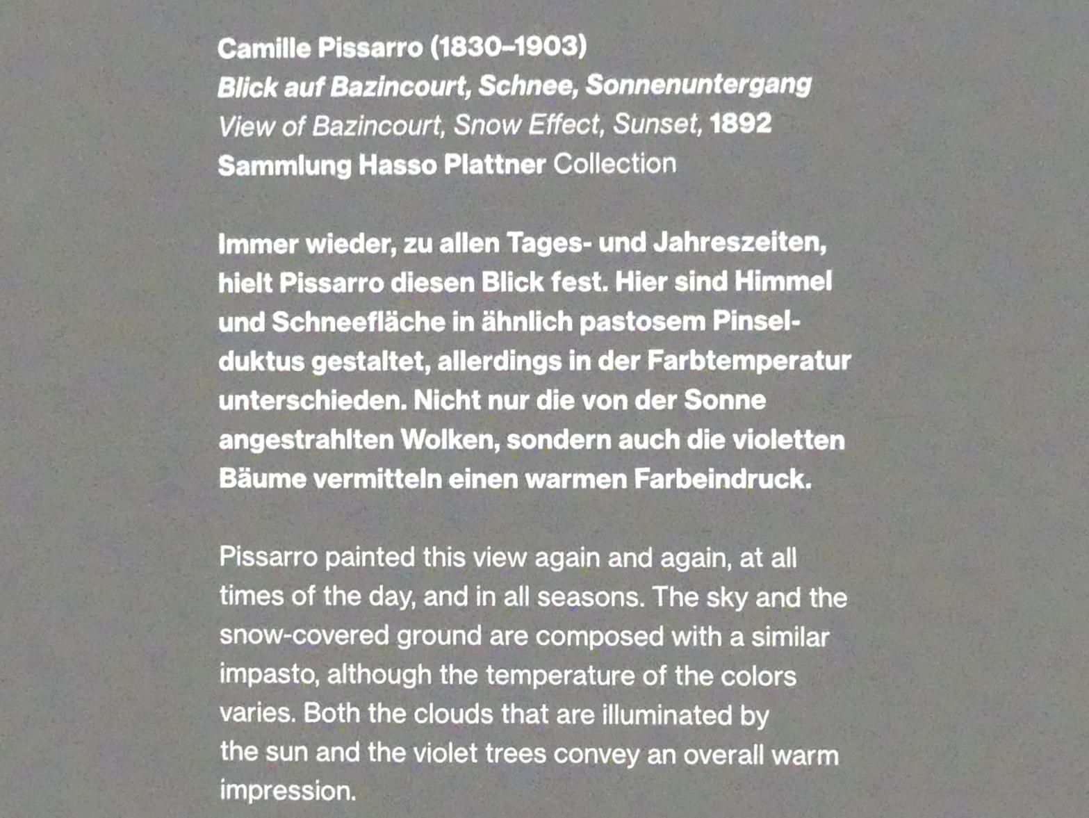 Camille Pissarro (1863–1903), Blick auf Bazincourt, Schnee, Sonnenuntergang, Potsdam, Museum Barberini, Saal A8, 1892, Bild 2/2