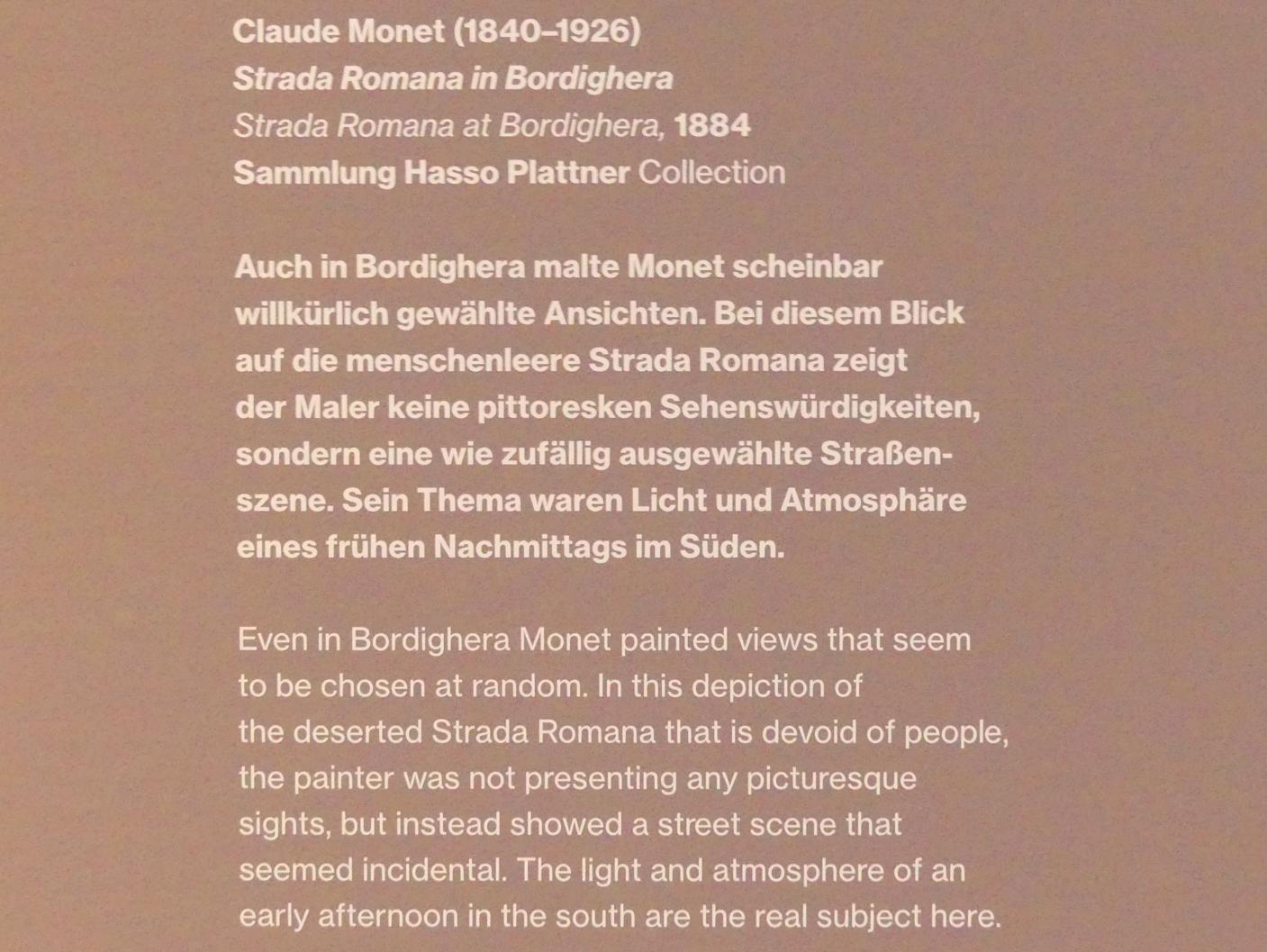 Claude Monet (1864–1925), Strada Romana in Bordighera, Potsdam, Museum Barberini, Saal A6, 1884, Bild 2/2