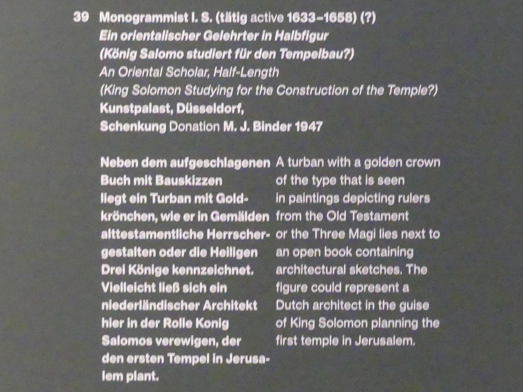 Monogrammist I. S. (Undatiert), Ein orientalischer Gelehrter in Halbfigur (König Salomo studiert für den Tempelbau?), Potsdam, Museum Barberini, Ausstellung "Rembrandts Orient" vom 13.03.-27.06.2021, Saal A4, Undatiert, Bild 2/2