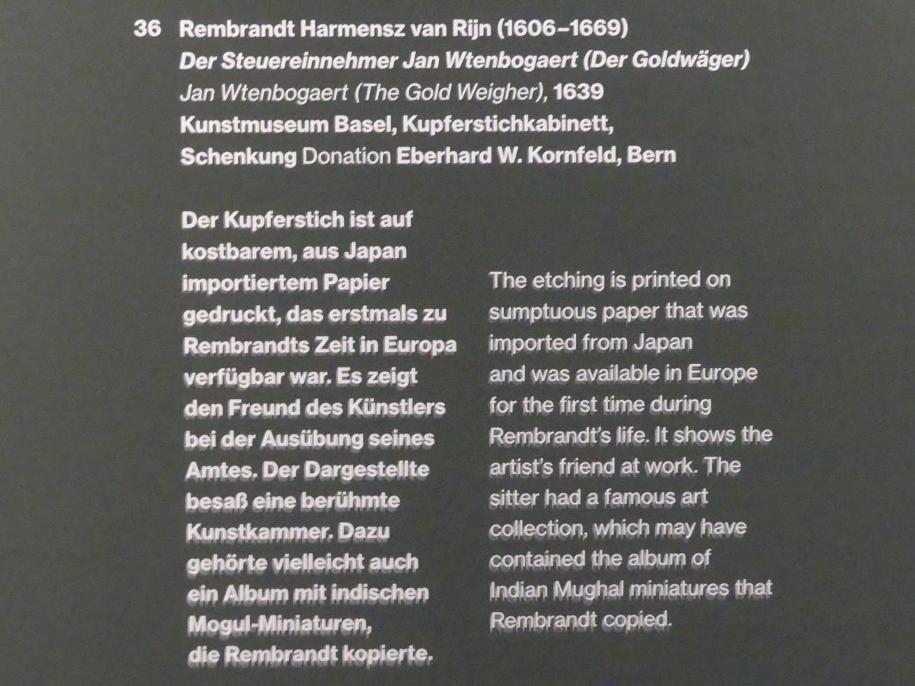 Rembrandt (Rembrandt Harmenszoon van Rijn) (1627–1669), Der Steuereinnehmer Jan Wtenbogaert (Der Goldwäger), Potsdam, Museum Barberini, Ausstellung "Rembrandts Orient" vom 13.03.-27.06.2021, Saal A4, 1639, Bild 3/3
