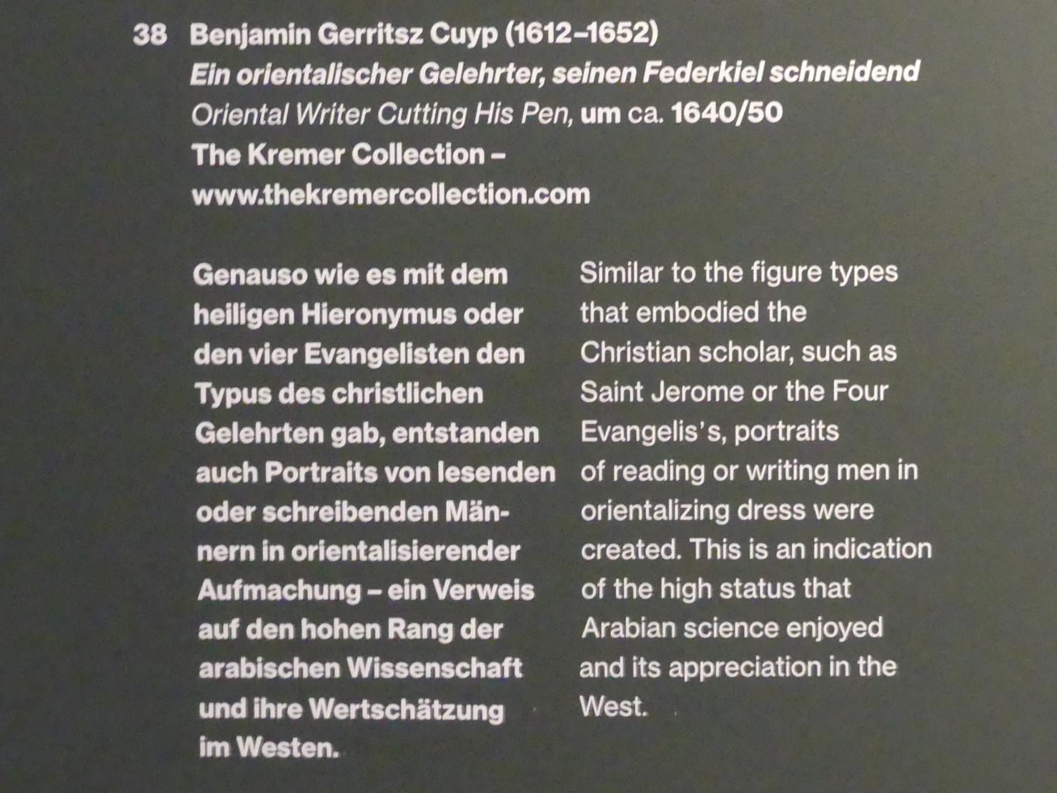 Benjamin Gerritsz. Cuyp (1635–1645), Ein orientalischer Gelehrter, seinen Federkiel schneidend, Potsdam, Museum Barberini, Ausstellung "Rembrandts Orient" vom 13.03.-27.06.2021, Saal A4, um 1640–1650, Bild 2/2