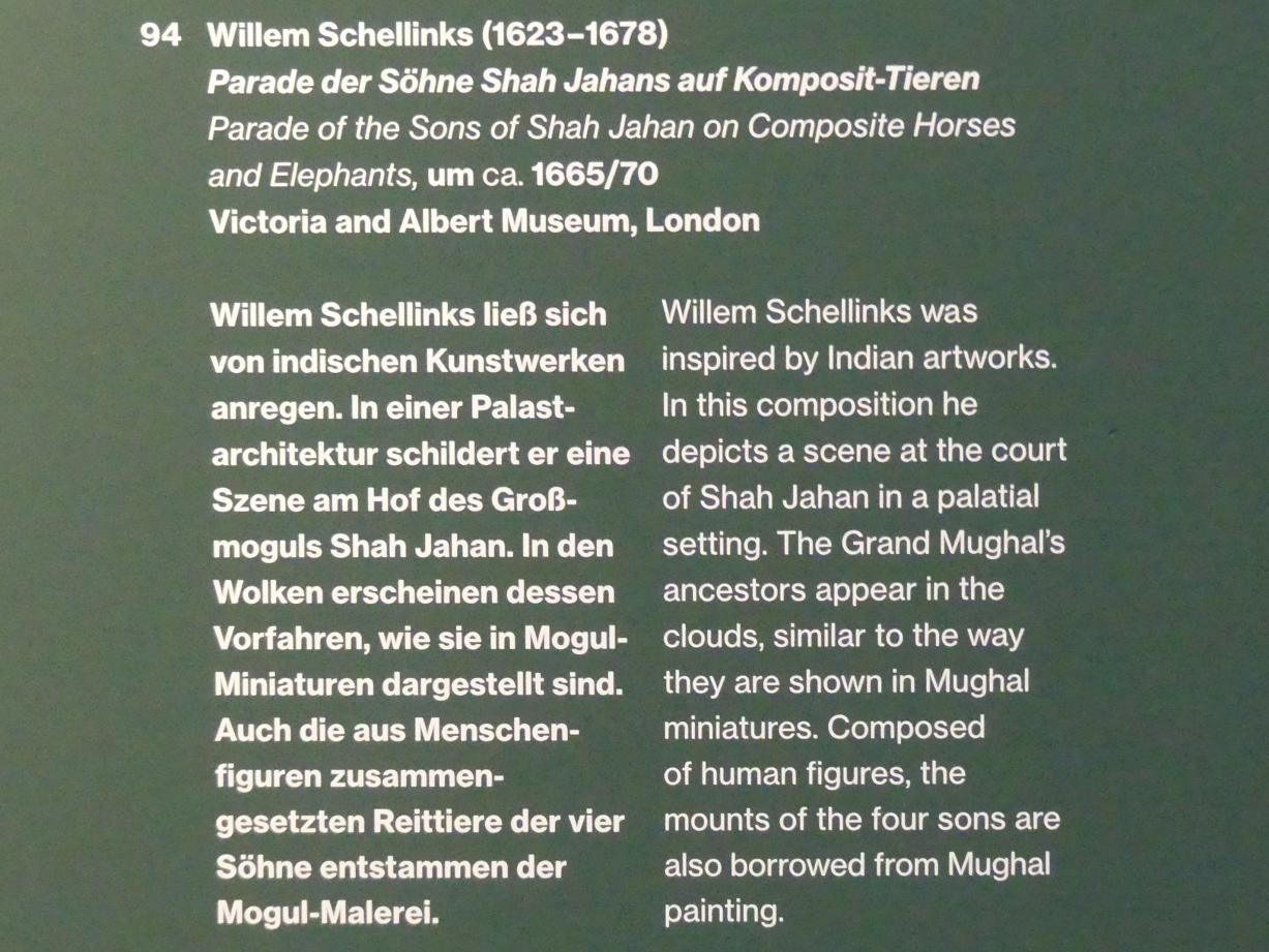 Willem Schellinks (1657–1667), Parade der Söhne Shah Jahans auf Komposit-Tieren, Potsdam, Museum Barberini, Ausstellung "Rembrandts Orient" vom 13.03.-27.06.2021, Saal A5, um 1665–1670, Bild 2/2
