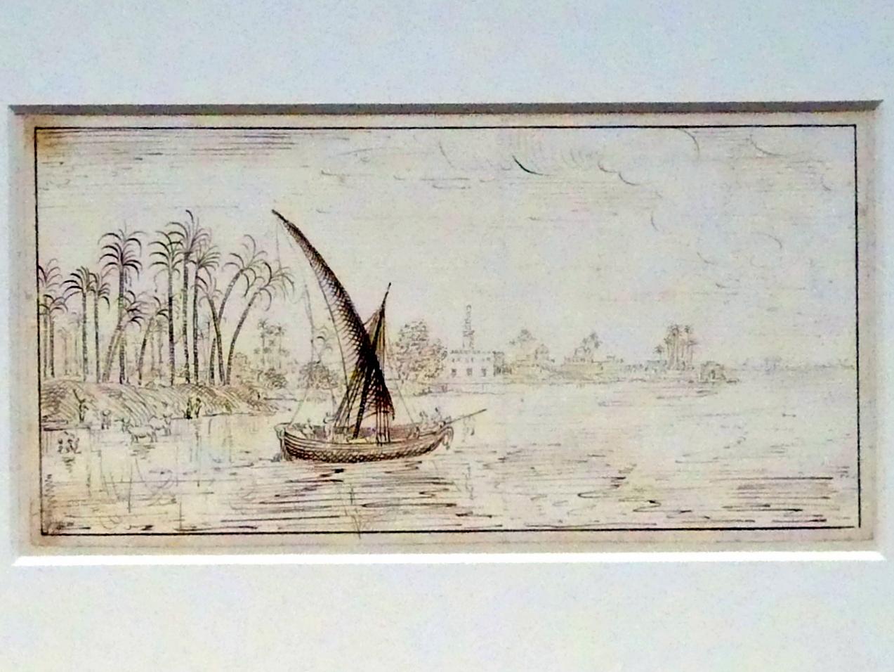 Johannes Teyler (1681), Nilansicht mit einem Segelboot, Potsdam, Museum Barberini, Ausstellung "Rembrandts Orient" vom 13.03.-27.06.2021, Saal A5, 1679–1683, Bild 2/3