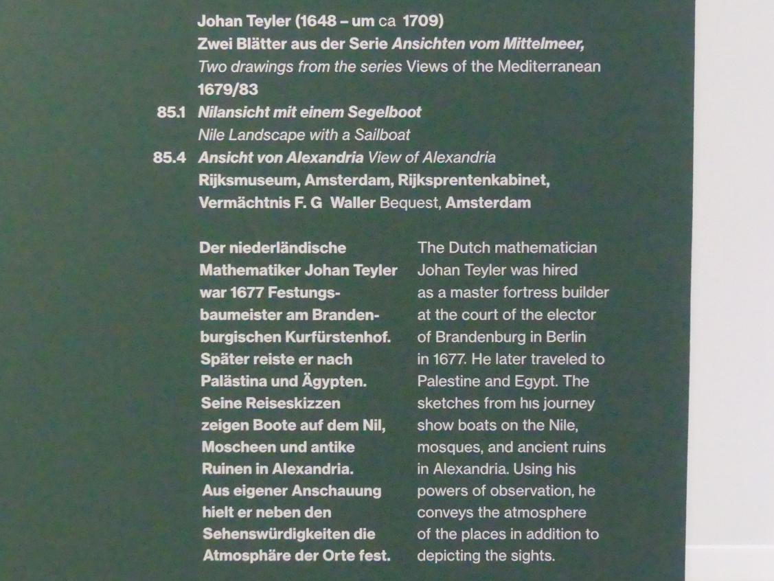 Johannes Teyler (1681), Nilansicht mit einem Segelboot, Potsdam, Museum Barberini, Ausstellung "Rembrandts Orient" vom 13.03.-27.06.2021, Saal A5, 1679–1683, Bild 3/3