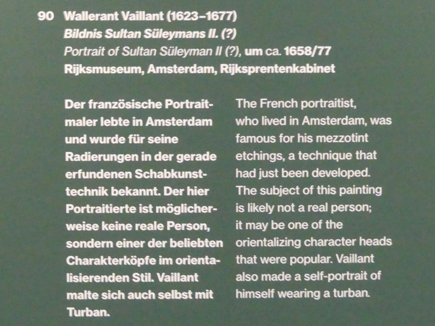 Wallerant Vaillant (1658–1667), Bildnis Sultan Süleymans II. (?), Potsdam, Museum Barberini, Ausstellung "Rembrandts Orient" vom 13.03.-27.06.2021, Saal A5, um 1658–1677, Bild 3/3
