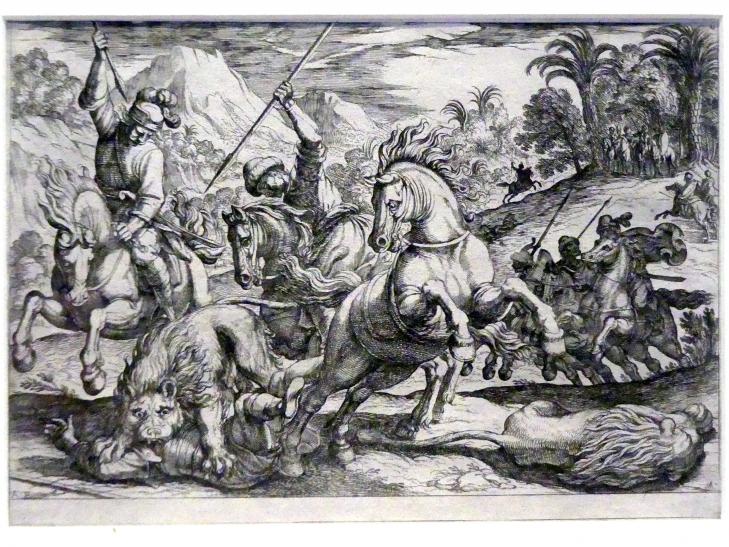 Antonio Tempesta (1595–1620), Löwenjagd, Potsdam, Museum Barberini, Ausstellung "Rembrandts Orient" vom 13.03.-27.06.2021, Saal A5a, 1608, Bild 2/3