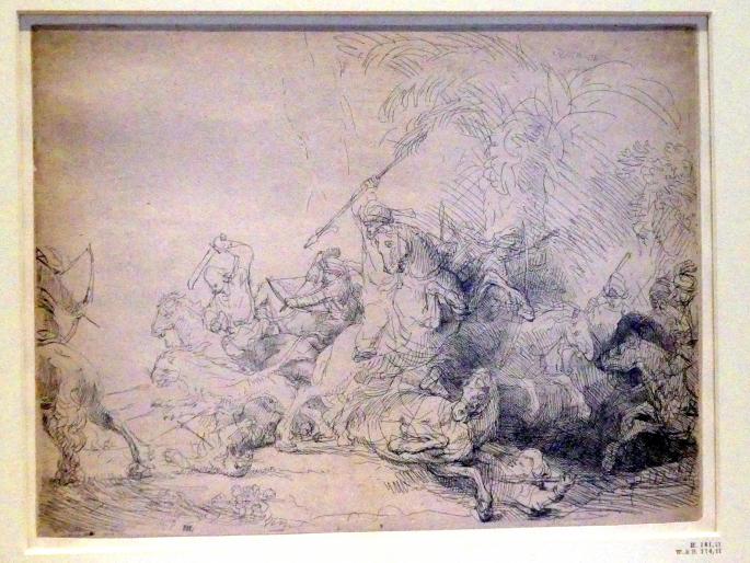 Rembrandt (Rembrandt Harmenszoon van Rijn) (1627–1669), Die große Löwenjagd, Potsdam, Museum Barberini, Ausstellung "Rembrandts Orient" vom 13.03.-27.06.2021, Saal A5a, 1641, Bild 2/3