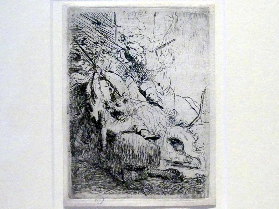 Rembrandt (Rembrandt Harmenszoon van Rijn) (1627–1669), Die kleine Löwenjagd mit einem Löwen, Potsdam, Museum Barberini, Ausstellung "Rembrandts Orient" vom 13.03.-27.06.2021, Saal A5a, um 1629, Bild 2/3