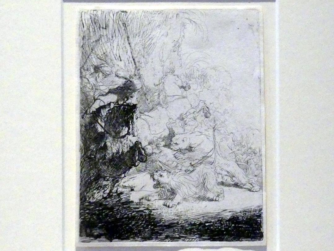 Rembrandt (Rembrandt Harmenszoon van Rijn) (1627–1669), Die kleine Löwenjagd mit zwei Löwen, Potsdam, Museum Barberini, Ausstellung "Rembrandts Orient" vom 13.03.-27.06.2021, Saal A5a, um 1629, Bild 2/3
