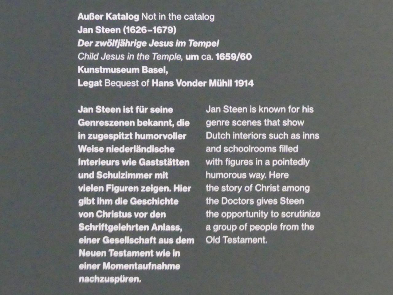 Jan Havickszoon Steen (1650–1678), Der zwölfjährige Jesus im Tempel, Potsdam, Museum Barberini, Ausstellung "Rembrandts Orient" vom 13.03.-27.06.2021, Saal A5a, um 1659–1660, Bild 2/2
