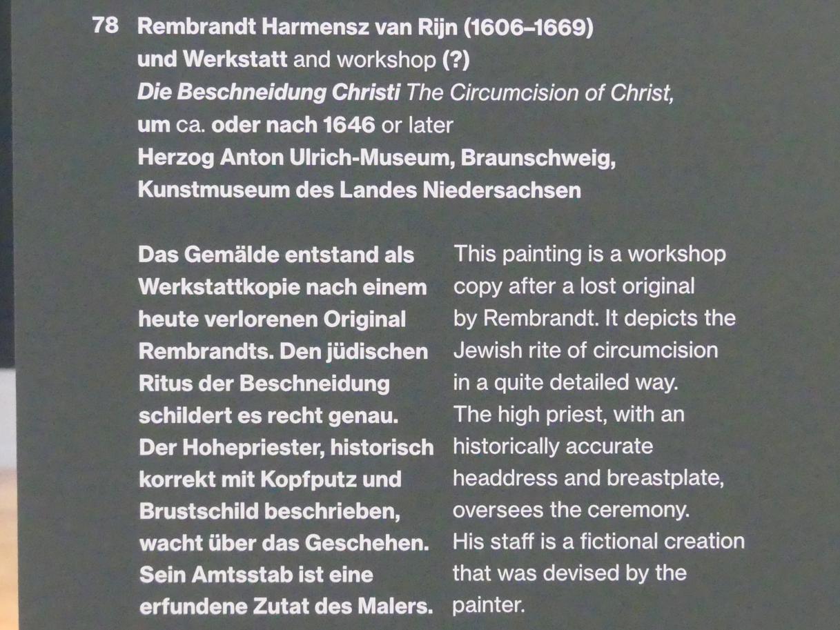 Rembrandt (Rembrandt Harmenszoon van Rijn) (1627–1669), Die Beschneidung Christi, Potsdam, Museum Barberini, Ausstellung "Rembrandts Orient" vom 13.03.-27.06.2021, Saal A5a, um 1646, Bild 2/2