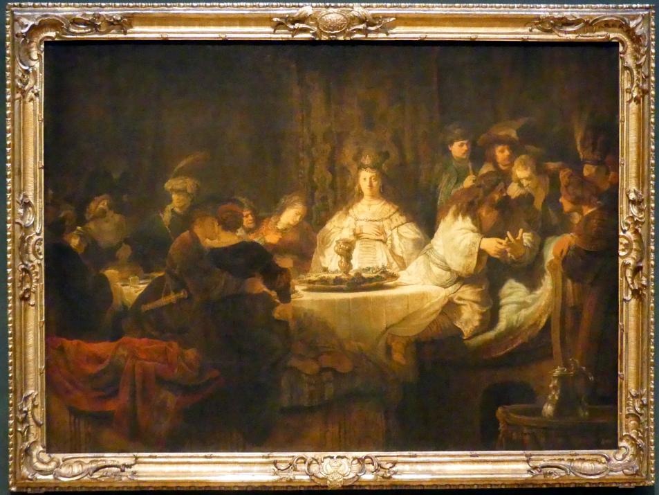 Rembrandt (Rembrandt Harmenszoon van Rijn) (1627–1669), Simson, an der Hochzeitstafel das Rätsel aufgebend, Potsdam, Museum Barberini, Ausstellung "Rembrandts Orient" vom 13.03.-27.06.2021, Saal A5a, 1638, Bild 1/2