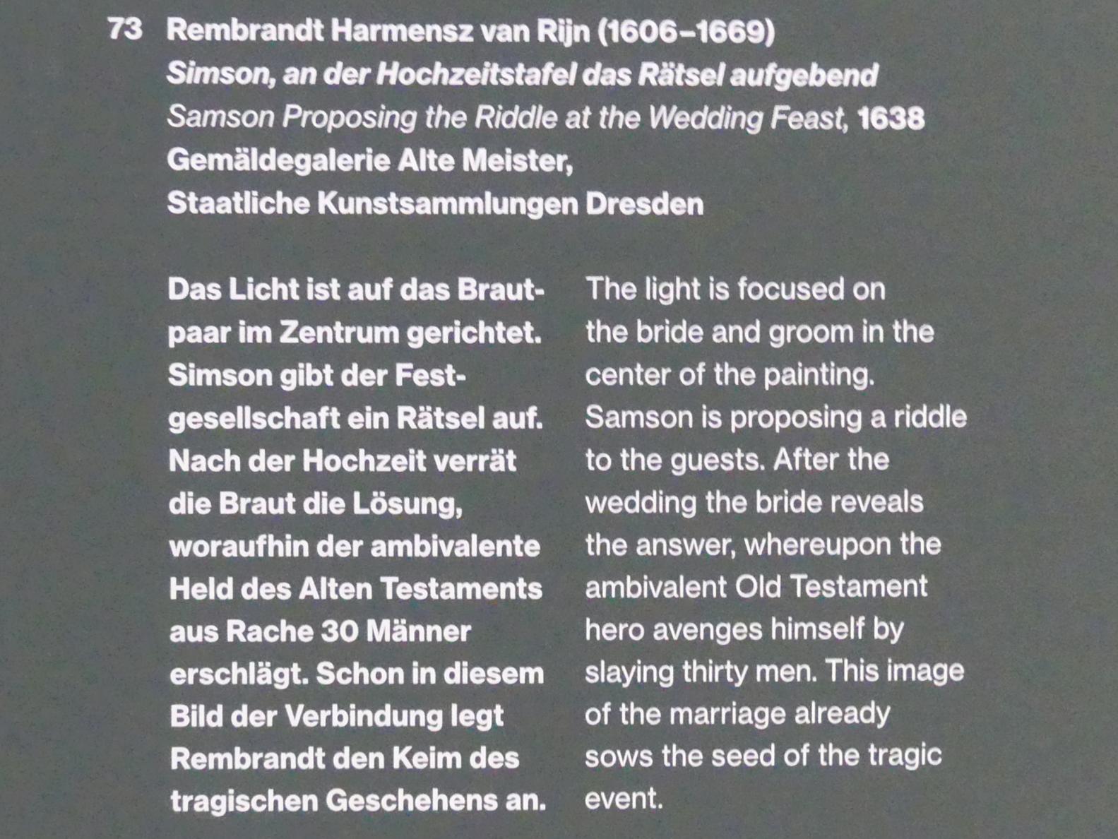 Rembrandt (Rembrandt Harmenszoon van Rijn) (1627–1669), Simson, an der Hochzeitstafel das Rätsel aufgebend, Potsdam, Museum Barberini, Ausstellung "Rembrandts Orient" vom 13.03.-27.06.2021, Saal A5a, 1638, Bild 2/2