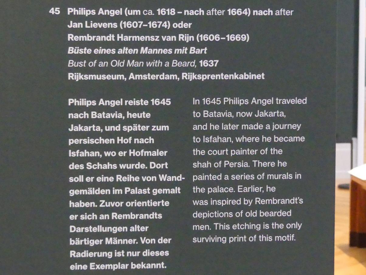 Philips Angel (1637–1650), Büste eines alten Mannes mit Bart, Potsdam, Museum Barberini, Ausstellung "Rembrandts Orient" vom 13.03.-27.06.2021, Saal A5a, 1637, Bild 3/3