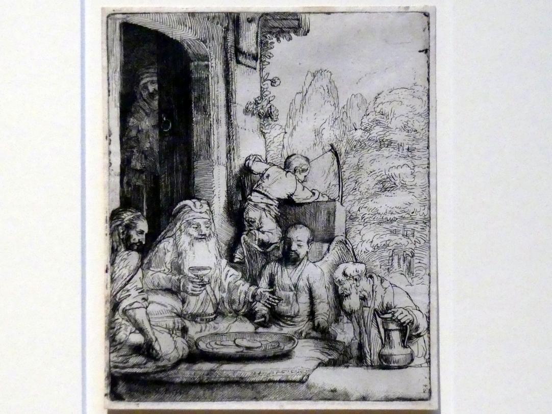 Rembrandt (Rembrandt Harmenszoon van Rijn) (1627–1669), Abraham, die Engel bewirtend, Potsdam, Museum Barberini, Ausstellung "Rembrandts Orient" vom 13.03.-27.06.2021, Saal B5, 1656, Bild 2/3