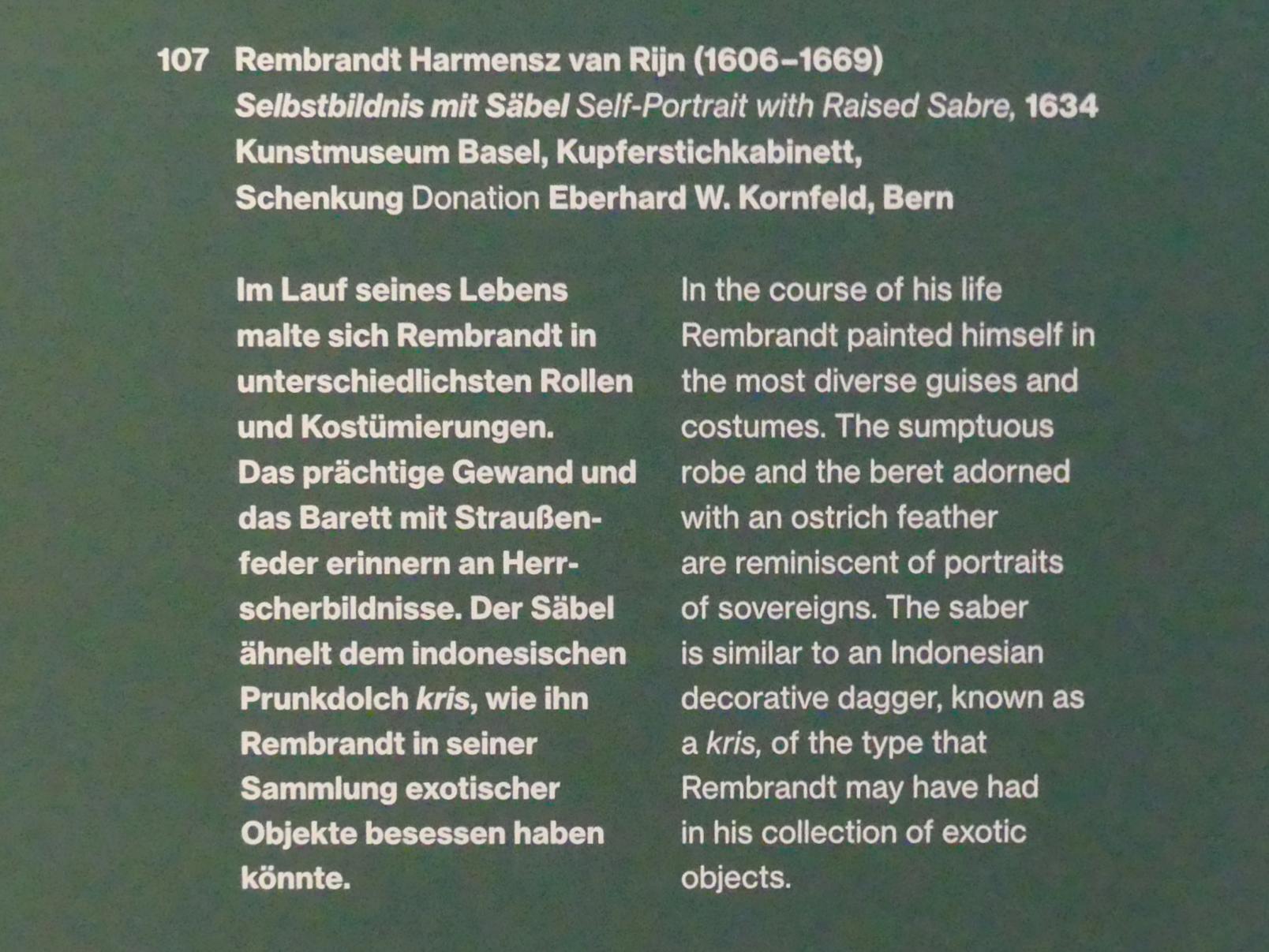 Rembrandt (Rembrandt Harmenszoon van Rijn) (1627–1669), Selbstbildnis mit Säbel, Potsdam, Museum Barberini, Ausstellung "Rembrandts Orient" vom 13.03.-27.06.2021, Saal B5, 1634, Bild 3/3
