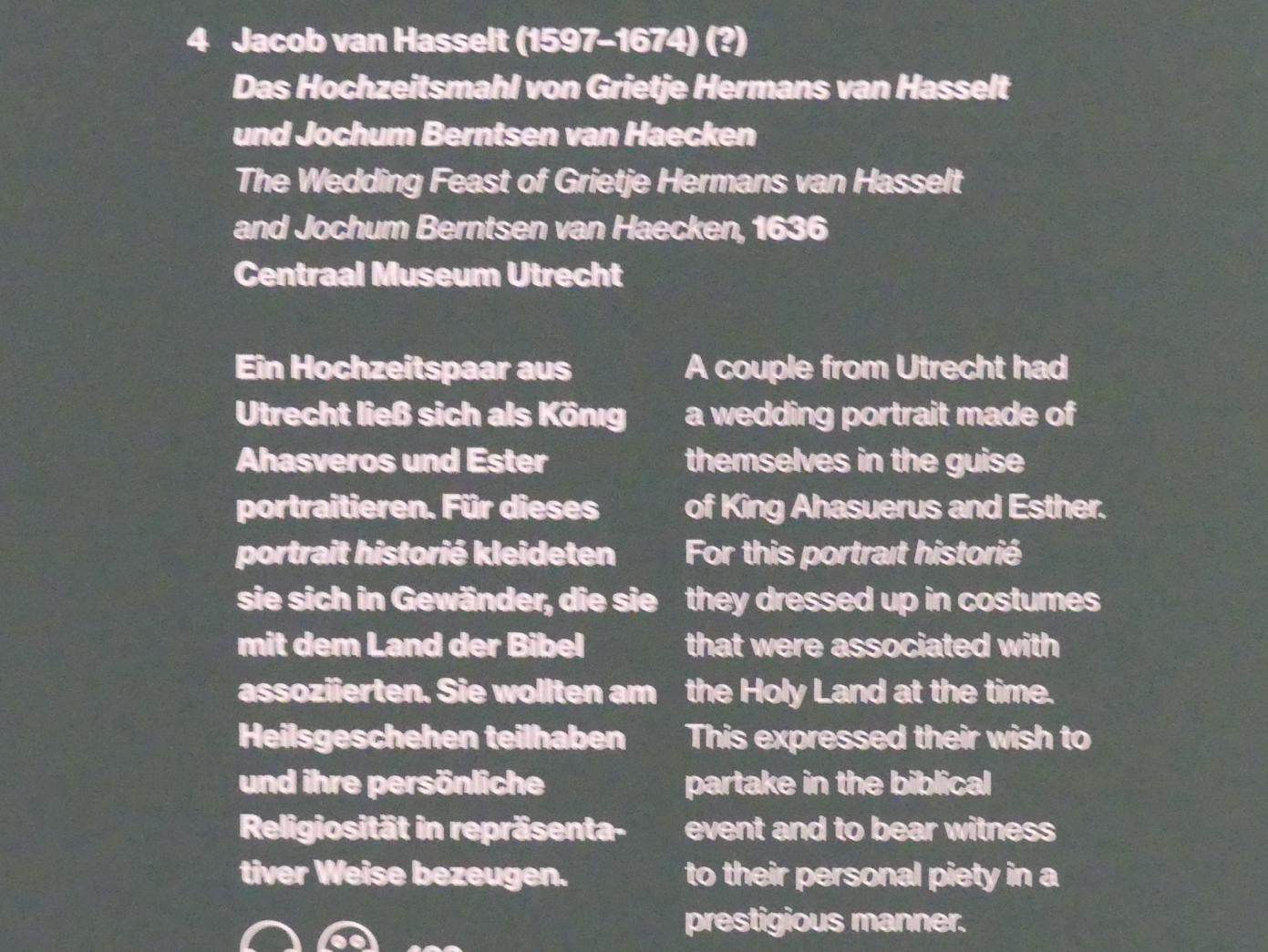 Jacob van Hasselt (1636), Das Hochzeitsmahl von Grietje Hermans van Hasselt und Jochum Berntsen van Haecken, Potsdam, Museum Barberini, Ausstellung "Rembrandts Orient" vom 13.03.-27.06.2021, Saal A1, 1636, Bild 2/2