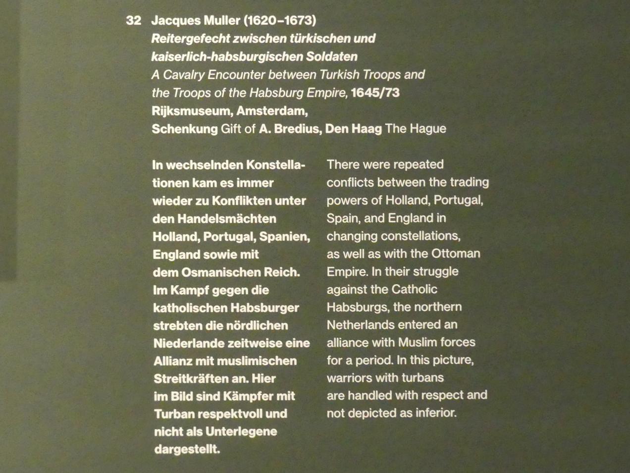 Jacques Muller (1659), Reitergefecht zwischen türkischen und kaiserlich-habsburgischen Soldaten, Potsdam, Museum Barberini, Ausstellung "Rembrandts Orient" vom 13.03.-27.06.2021, Saal A2, um 1645–1673, Bild 2/2