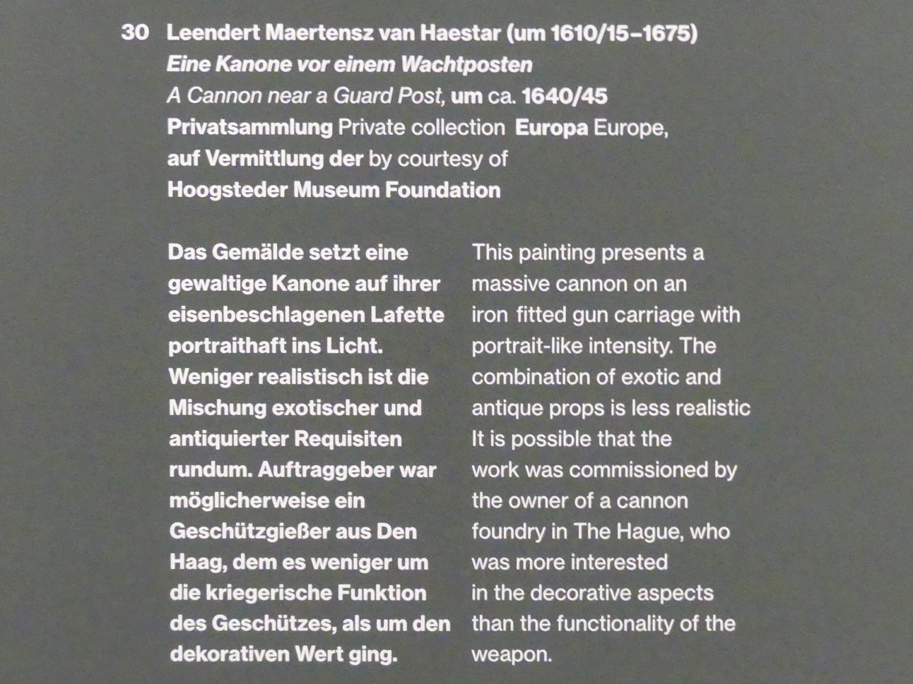 Leendert Maertensz. van Haestar (1642), Eine Kanone vor einem Wachtposten, Potsdam, Museum Barberini, Ausstellung "Rembrandts Orient" vom 13.03.-27.06.2021, Saal A2, um 1640–1645, Bild 2/2
