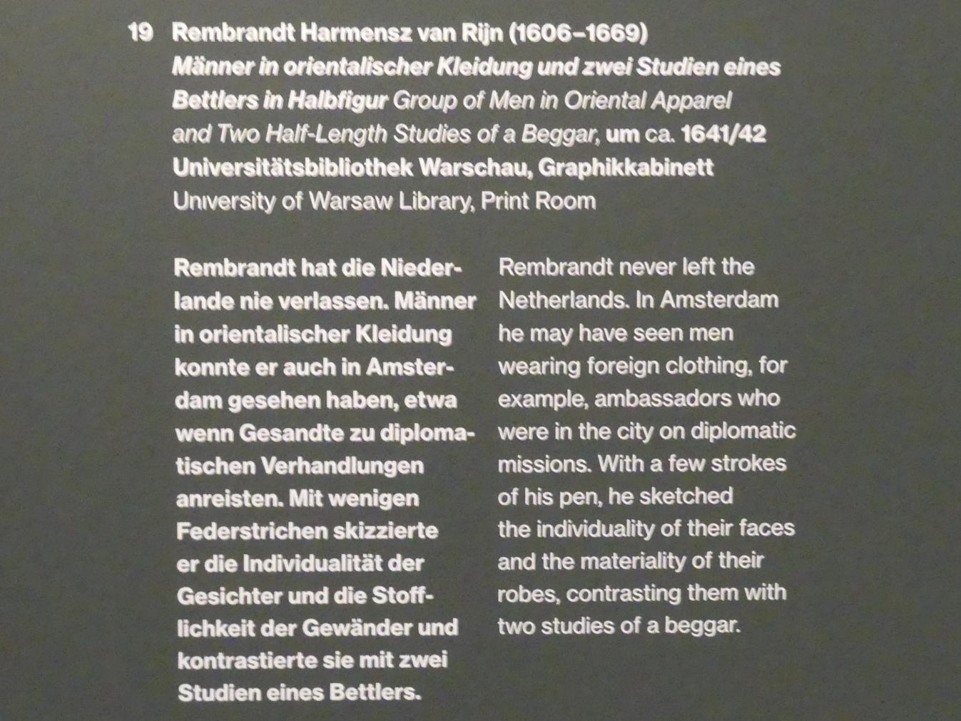 Rembrandt (Rembrandt Harmenszoon van Rijn) (1627–1669), Männer in orientalischer Kleidung und zwei Studien eines Bettlers in Halbfigur, Potsdam, Museum Barberini, Ausstellung "Rembrandts Orient" vom 13.03.-27.06.2021, Saal A2, um 1641–1642, Bild 3/3