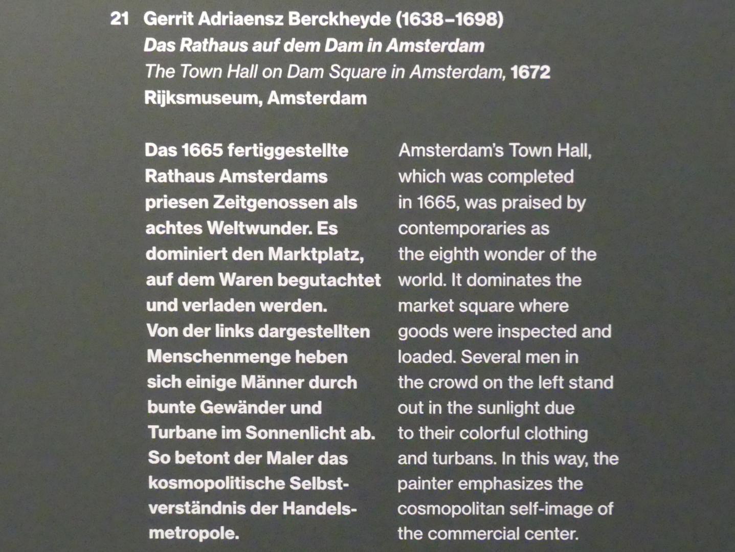 Gerrit Adriaenszoon Berckheyde (1661–1690), Das Rathaus auf dem Dam in Amsterdam, Potsdam, Museum Barberini, Ausstellung "Rembrandts Orient" vom 13.03.-27.06.2021, Saal A2, 1672, Bild 2/2