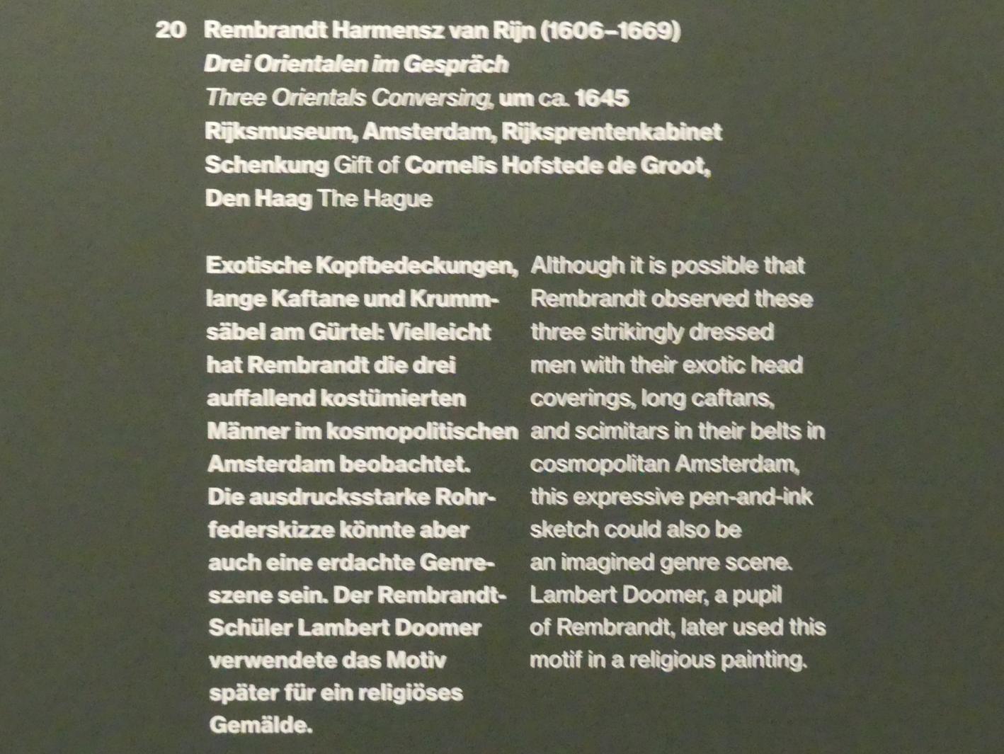 Rembrandt (Rembrandt Harmenszoon van Rijn) (1627–1669), Drei Orientalen im Gespräch, Potsdam, Museum Barberini, Ausstellung "Rembrandts Orient" vom 13.03.-27.06.2021, Saal A2, um 1645, Bild 3/3