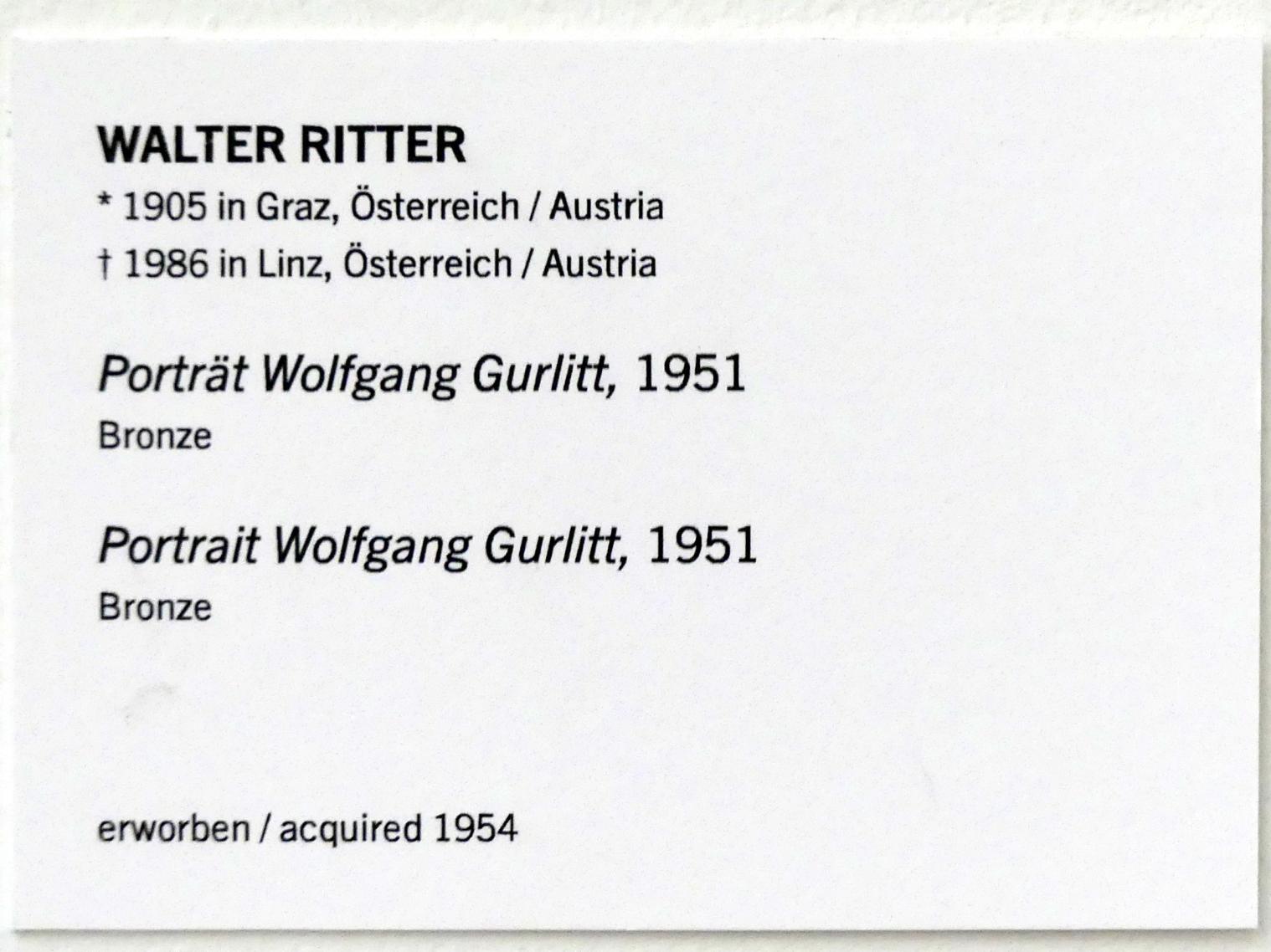 Walter Ritter (1951), Porträt Wolfgang Gurlitt, Linz, Lentos Kunstmuseum Linz, Saal 1 - Restitutionen, 1951, Bild 3/3