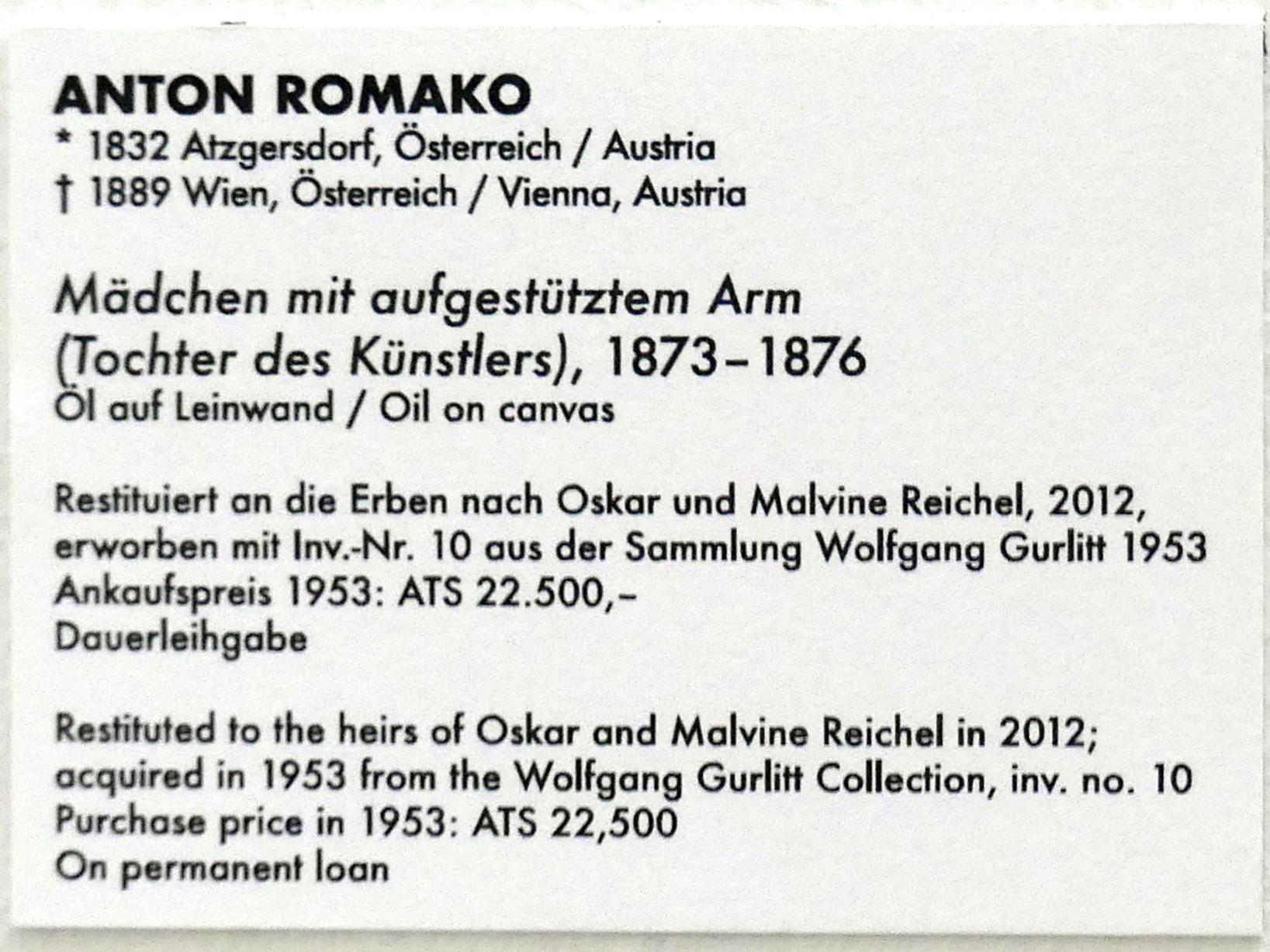 Anton Romako (1854–1883), Mädchen mit aufgestütztem Arm (Tochter des Künstlers), Linz, Lentos Kunstmuseum Linz, Saal 1 - Restitutionen, 1873–1876, Bild 2/2