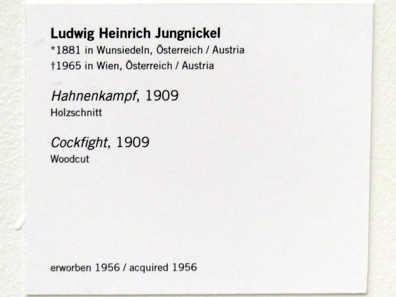 Ludwig Heinrich Jungnickel (1909), Hahnenkampf, Linz, Lentos Kunstmuseum Linz, Saal 2 - Wien um 1900, 1909, Bild 3/3