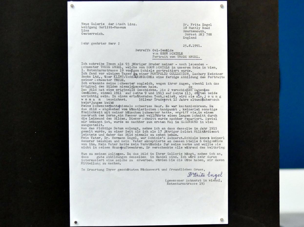 Egon Schiele (1908–1918), Bildnis Trude Engel, Linz, Lentos Kunstmuseum Linz, Saal 3 - Wege zur Abstraktion, um 1913, Bild 5/12