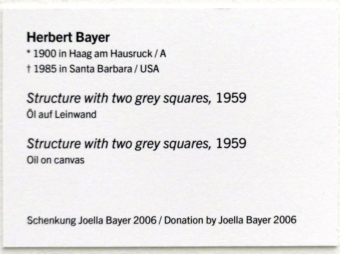 Herbert Bayer (1925–1972), Structure with two grey squares, Linz, Lentos Kunstmuseum Linz, Saal 7 - Nachkriegsjahre, 1959, Bild 2/2