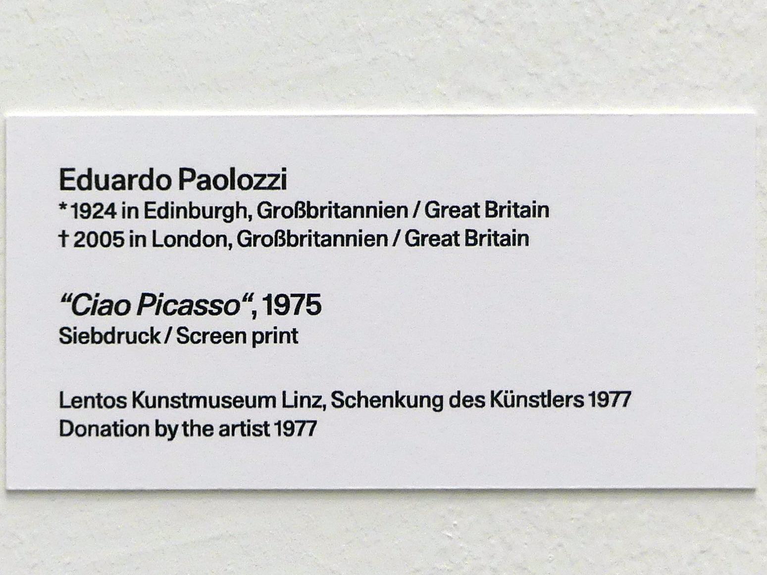 Eduardo Paolozzi (1963–1975), "Ciao Picasso", Linz, Lentos Kunstmuseum Linz, Saal 10 - Zu schade für die Lade, 1975, Bild 2/2