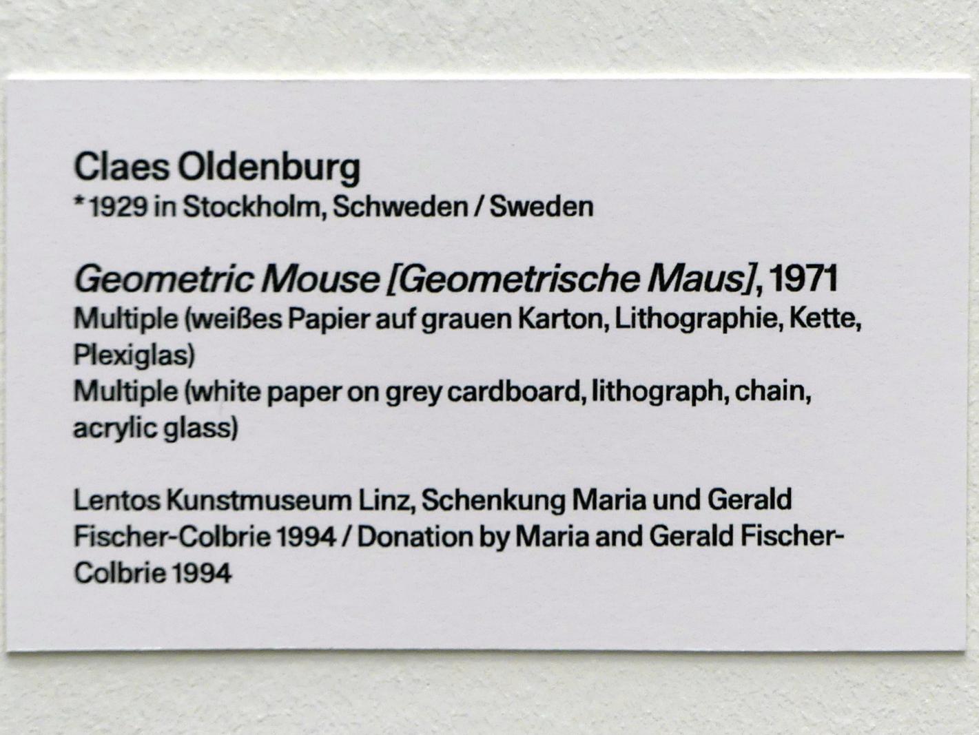 Claes Oldenburg (1961–1971), Geometric Mouse [Geometrische Maus], Linz, Lentos Kunstmuseum Linz, Saal 10 - Zu schade für die Lade, 1971, Bild 3/3