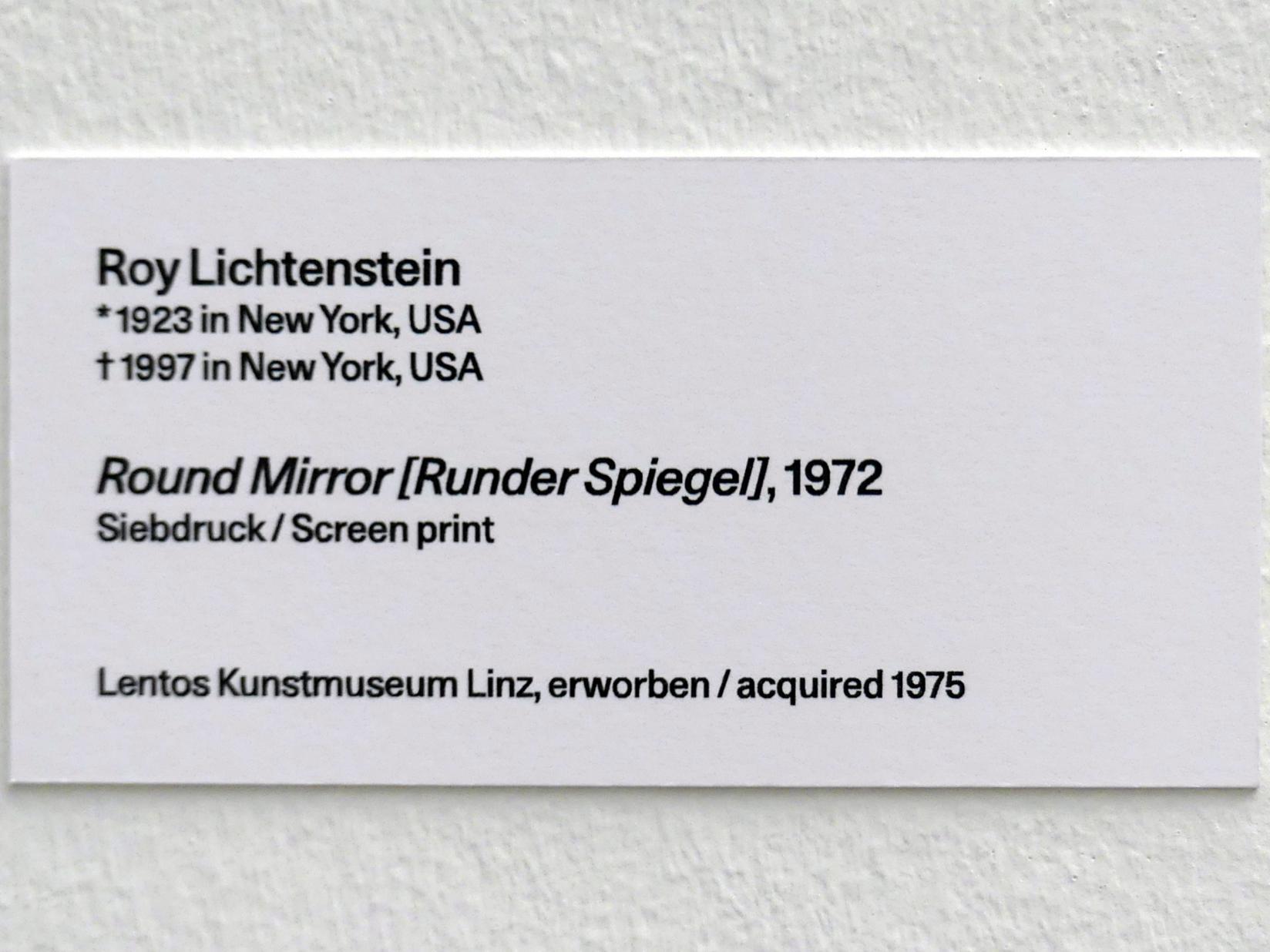 Roy Lichtenstein (1962–1994), Round Mirror [Runder Spiegel], Linz, Lentos Kunstmuseum Linz, Saal 10 - Zu schade für die Lade, 1972, Bild 2/2