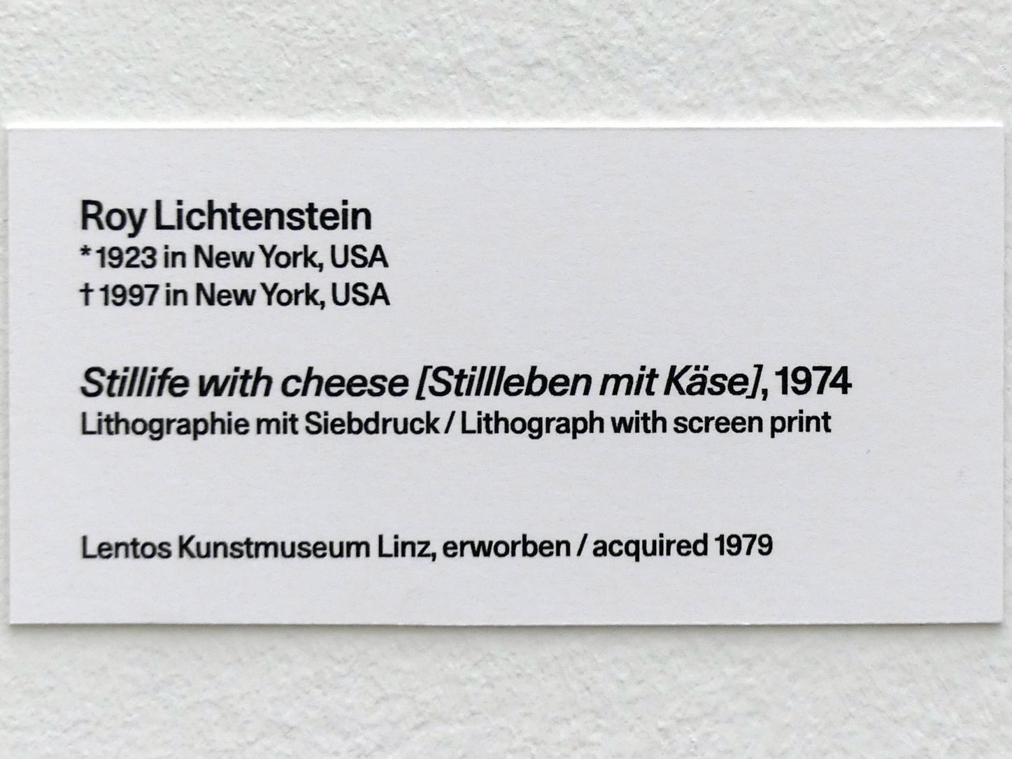 Roy Lichtenstein (1962–1994), Stillife with cheese [Stillleben mit Käse], Linz, Lentos Kunstmuseum Linz, Saal 10 - Zu schade für die Lade, 1974, Bild 2/2