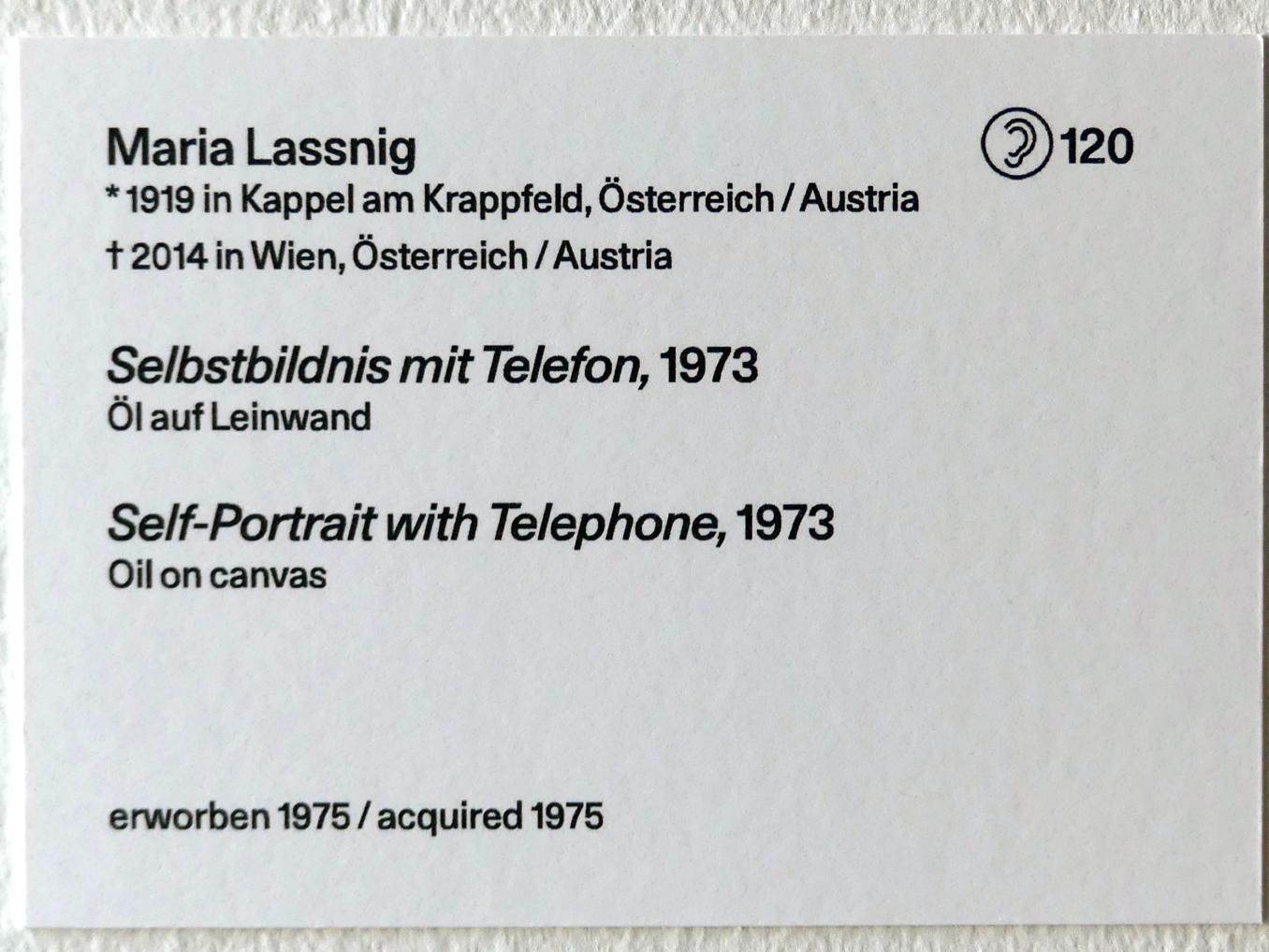 Maria Lassnig (1945–2011), Selbstbildnis mit Telefon, Linz, Lentos Kunstmuseum Linz, Saal 11 - Performance, Konzeptionelle Kunst und Fotorealismus, 1973, Bild 2/2