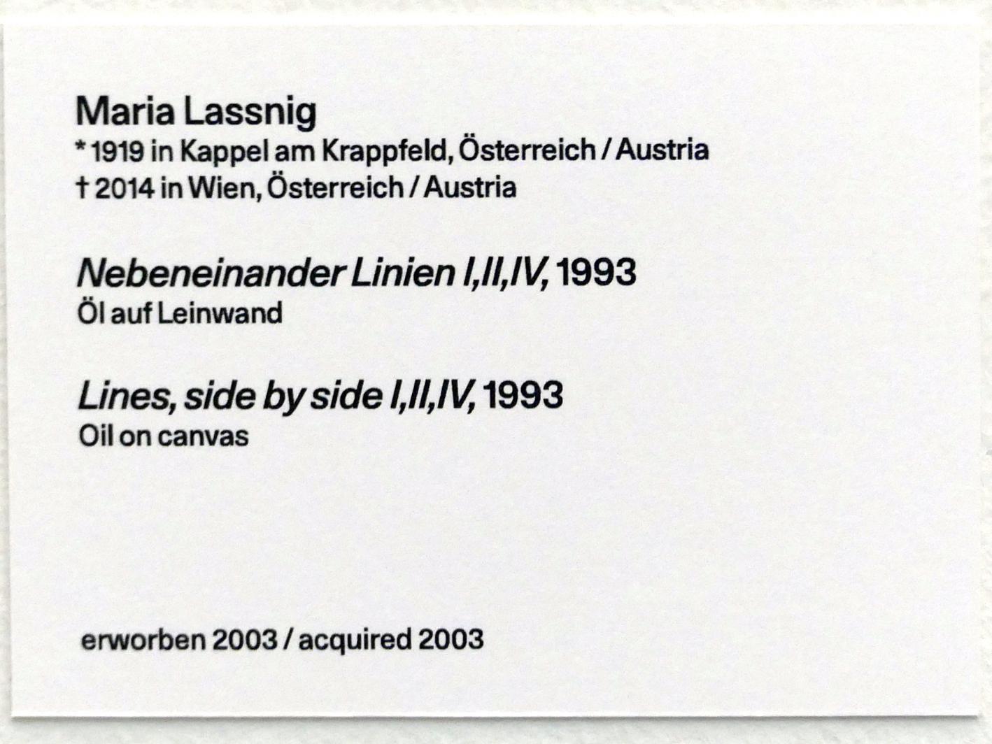 Maria Lassnig (1945–2011), Nebeneinander Linien I,II,IV, Linz, Lentos Kunstmuseum Linz, Saal 12 - Junge Rebellen und Neue Wilde, 1993, Bild 5/5