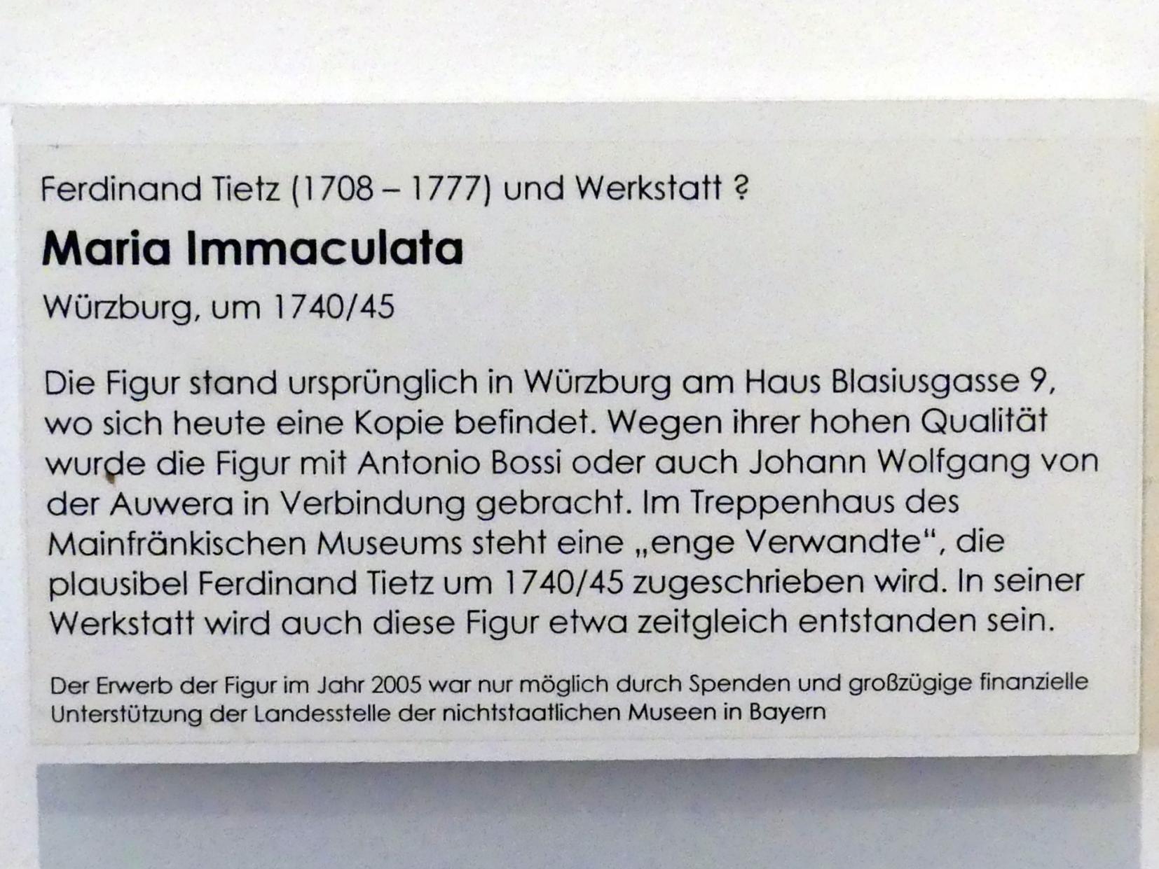 Ferdinand Tietz (Ferdinand Dietz) (1740–1767), Maria Immaculata, Würzburg, Haus Blasiusgasse 9, jetzt Würzburg, Museum für Franken (ehem. Mainfränkisches Museum), Eingangsbereich, um 1740–1745, Bild 2/2
