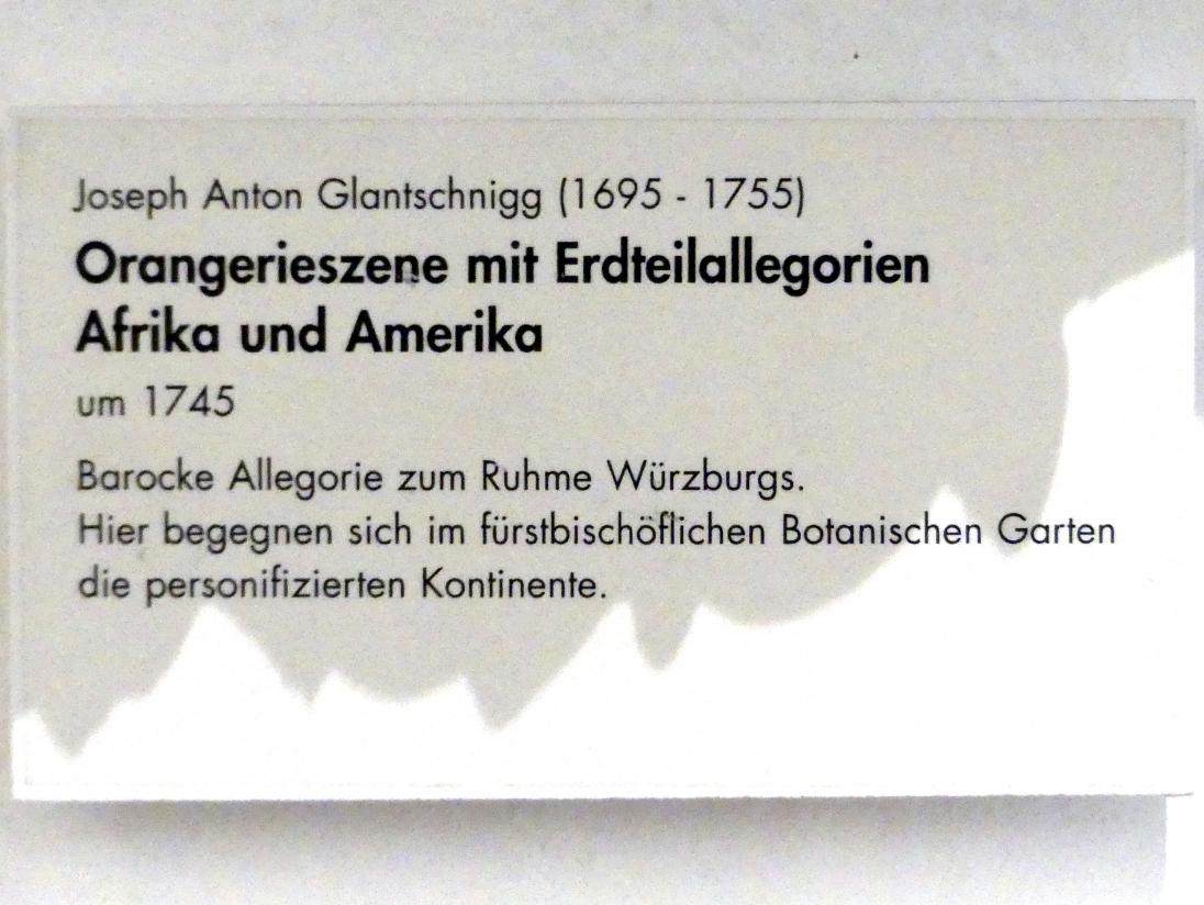 Joseph Anton Glantschnigg (1732–1750), Orangerieszene mit Erdteilallegorien Afrika und Amerika, Würzburg, Museum für Franken (ehem. Mainfränkisches Museum), Vorsaal, um 1745, Bild 2/2