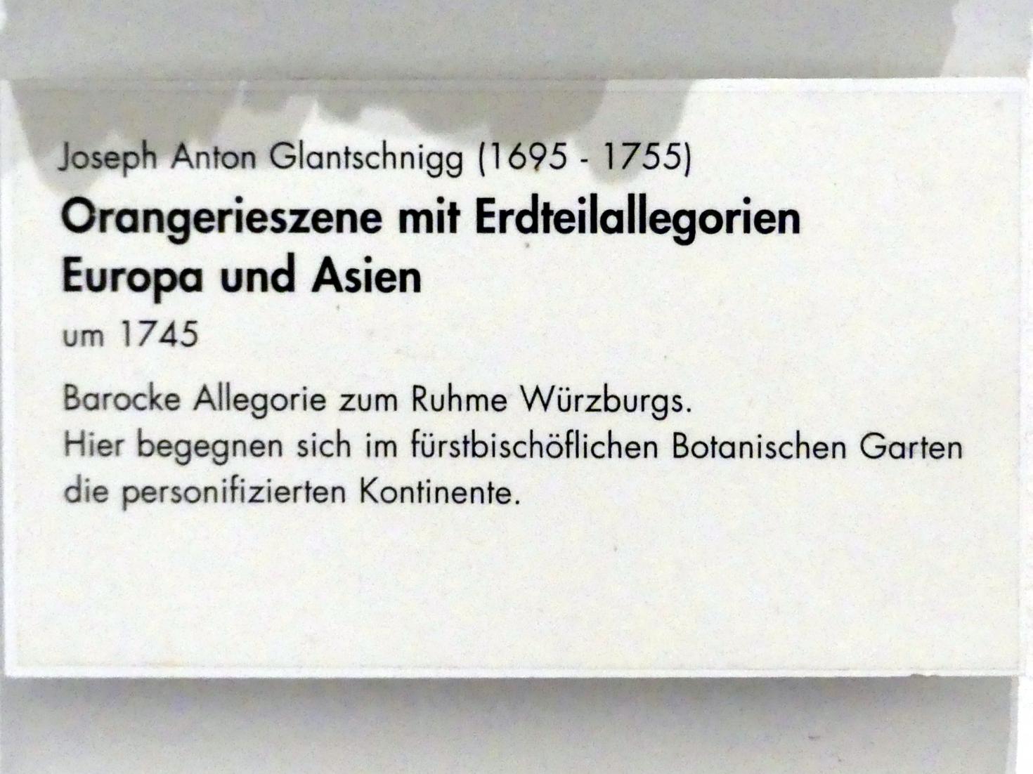 Joseph Anton Glantschnigg (1732–1750), Orangerieszene mit Erdteilallegorien Europa und Asien, Würzburg, Museum für Franken (ehem. Mainfränkisches Museum), Vorsaal, um 1745, Bild 2/2