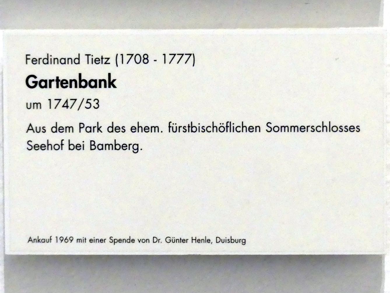 Ferdinand Tietz (Ferdinand Dietz) (1740–1767), Gartenbank, Memmelsdorf bei Bamberg, Schloss Seehof ("Marquardsburg"), Sommerresidenz der Bamberger Fürstbischöfe, jetzt Würzburg, Museum für Franken (ehem. Mainfränkisches Museum), Vorsaal, um 1747–1753, Bild 4/4