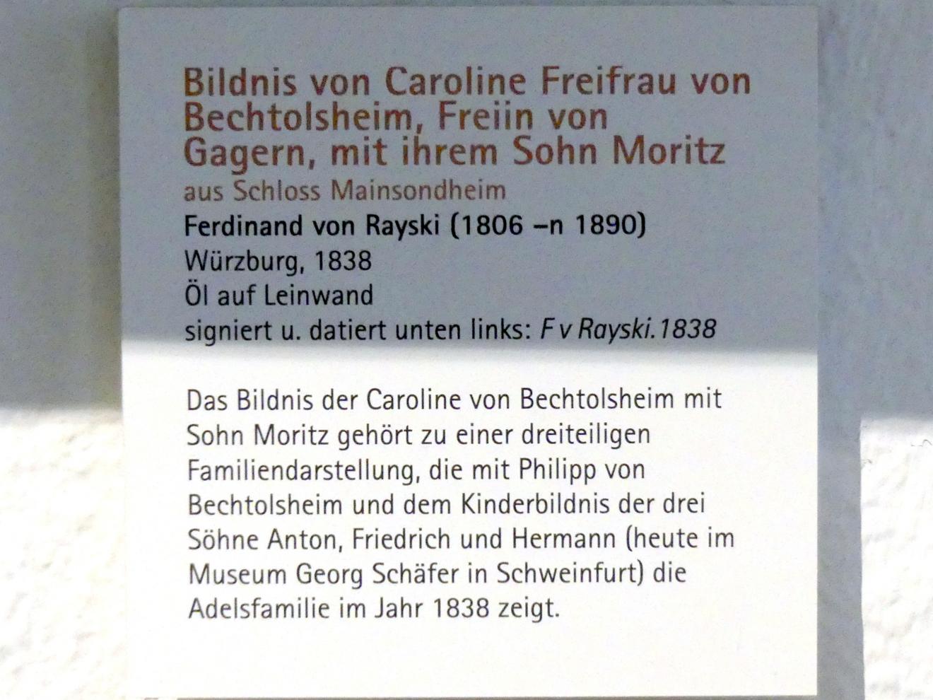 Ferdinand von Rayski (1837–1875), Bildnis von Caroline Freifrau von Bechtolsheim, Freiin von Gagern, mit ihrem Sohn Moritz, Mainsondheim, Schloss Mainsondheim, jetzt Würzburg, Museum für Franken (ehem. Mainfränkisches Museum), Steinsaal, 1838, Bild 2/2