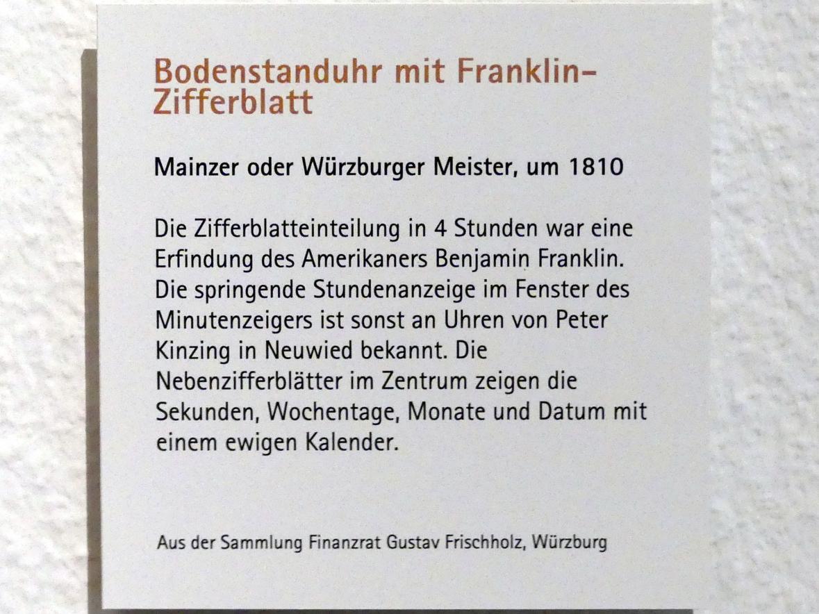 Bodenstanduhr mit Franklin-Zifferblatt, Würzburg, Museum für Franken (ehem. Mainfränkisches Museum), Steinsaal, um 1810, Bild 3/3