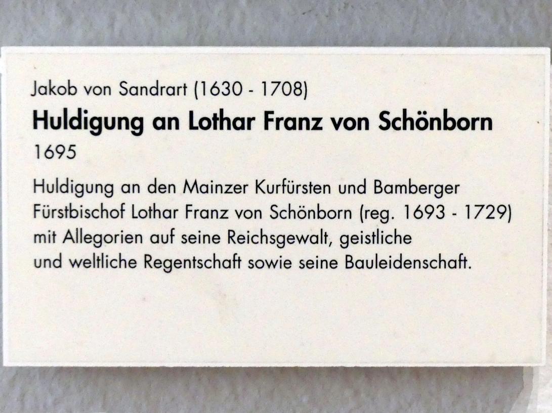Jacob von Sandrart (1695), Huldigung an Lothar Franz von Schönborn, Münnerstadt, Kloster Maria Bildhausen, jetzt Würzburg, Museum für Franken (ehem. Mainfränkisches Museum), Gemäldegalerie, 1695, Bild 2/2