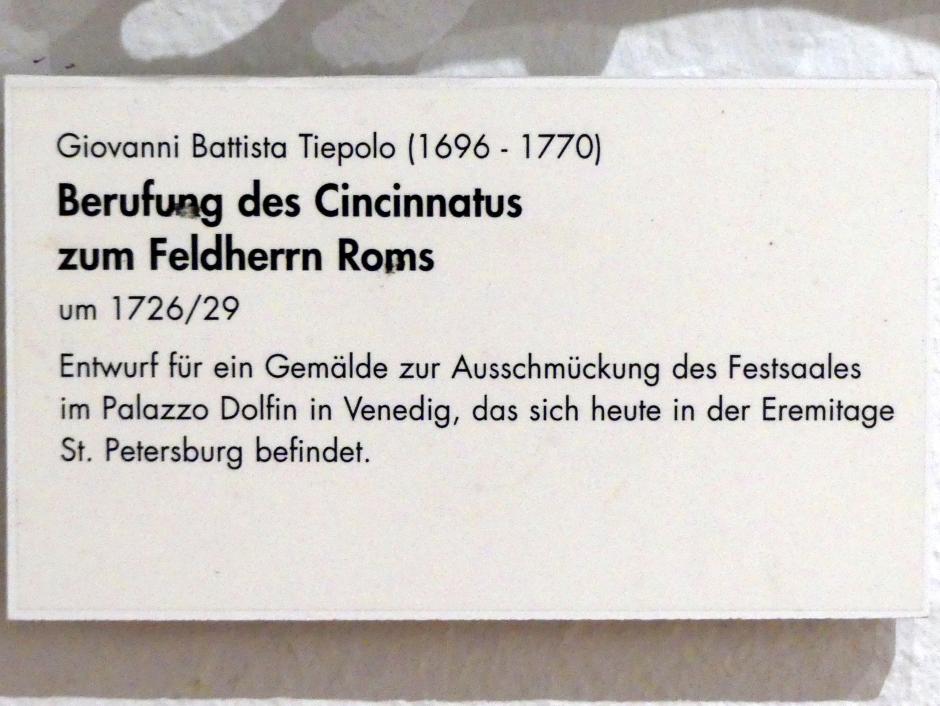Giovanni Battista Tiepolo (1715–1785), Berufung des Cincinnatus zum Feldherrn Roms, Venedig, Palazzo Secco Dolfin, jetzt Würzburg, Museum für Franken (ehem. Mainfränkisches Museum), Gemäldegalerie, um 1726–1729, Bild 2/2
